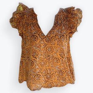 House of Harlow 1960 Zoey Ruffled Peasant Short Sleeve Cotton Top Mustard ~ XS